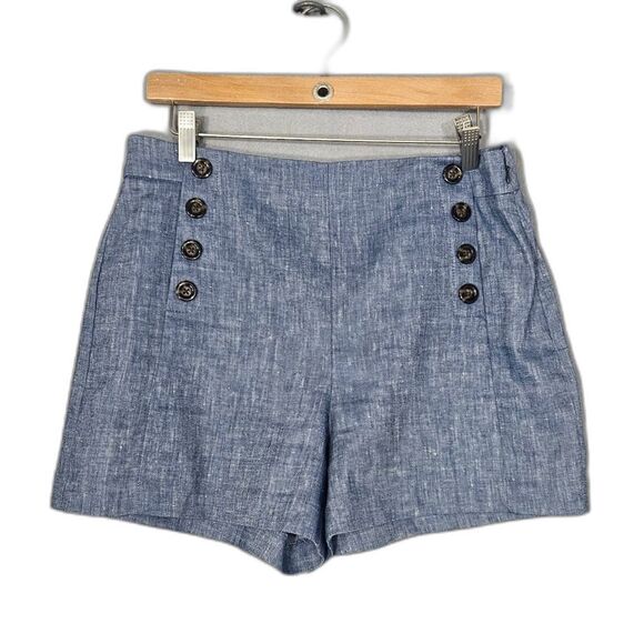 Ann Taylor Linen Blend Sailor Shorts Blue Sz 8 Side Zip Mid Rise - Picture 2 of 9